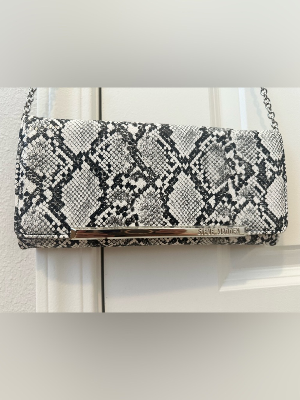 Steve Madden Black & White Snake-Print Clutch with Metallic Trim